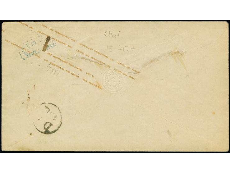 1863, Ganzsachenumschlag 3 Sgr. ockerbraun mit Doppelentwertung durch den blauen Ra2 "BREMEN/Bahnhof" und Nummerstempel "301"