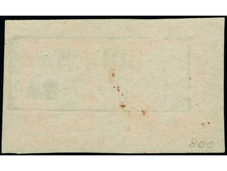 ½ Sgr. rotorange im waagerechten Paar, rechts oben voll- sonst breit- bis überrandig, links mit Teil der Nachbarmarke, schöne