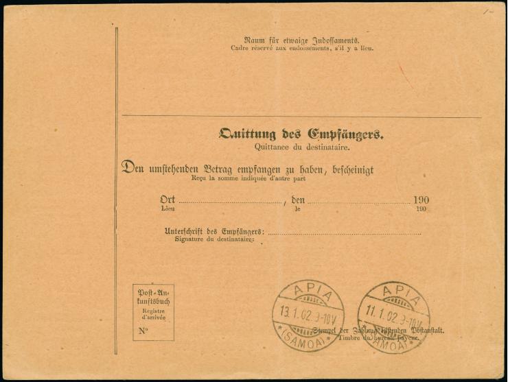 1902, komplette “Internationale Postanweisung” über 5 Dollar von “APIA (SAMOA) 11.1.02” mit handschriftlichem Vermerk “Abschr