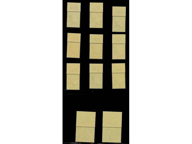 1934, Flugpost 5 Pfg.-3 M. kpl. mit senkrechter Gummiriffelung, einheitlich mit Oberrand, jeder Wert von Bogenfeld vier, post