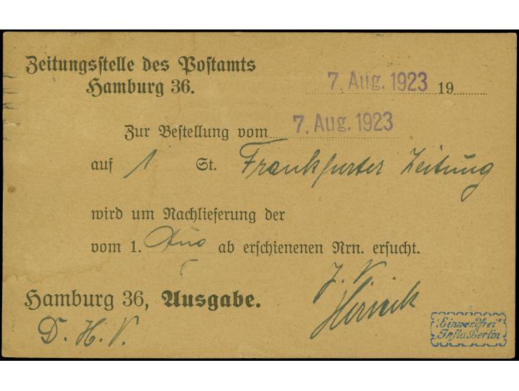 1922, Ziffer 500 M. mit Maschinenstempel "HAMBURG 7.8.23" als portogerechte Einzelfrankatur auf Zeitungssache nach Frankfurt,