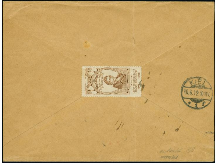 “MECKLENBURGHAUS KIAUTSCHOU 28.5.12” mehrfach klar auf waagerechtem Paar Kaiseryacht 2 Cents und Einzelmarken 4 und 10 Cents 