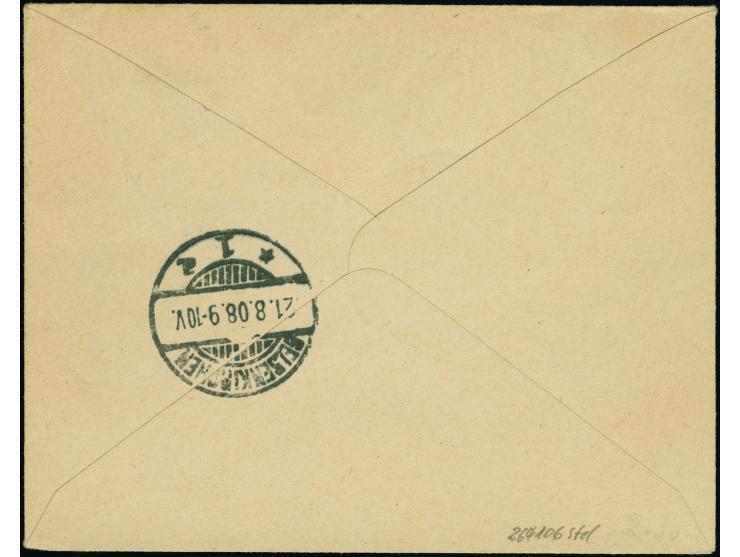 “GROSS-BARMEN DSWA 21.7.08” auf Kaiseryacht 25 Pfennig als tarifgerechte Einzelfrankatur auf R-Drucksachenumschlag mit R-Zett