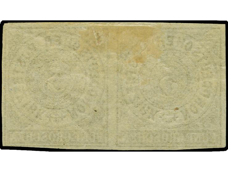 5 Gr. ocker undurchstochen, waagerechtes Paar, rechts unten minimal berührt, sonst Voll-bis breitrandig, ungebraucht mit Orig