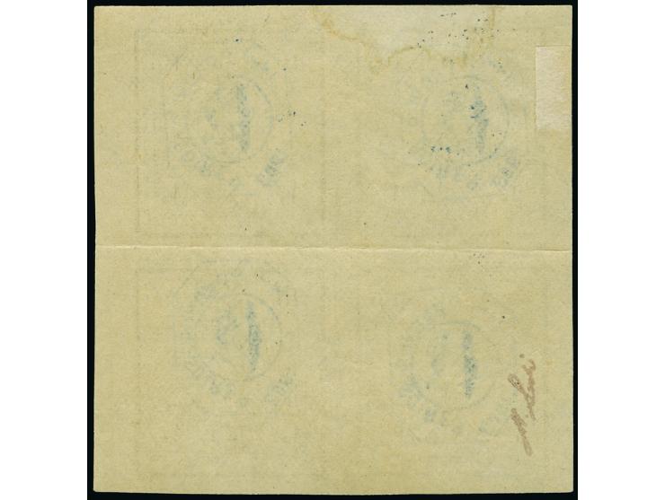 10 ch. with handstamp sideways, block of 4, pos. 1-4, unused with original gum. Fold between stamps, still very fine and scar