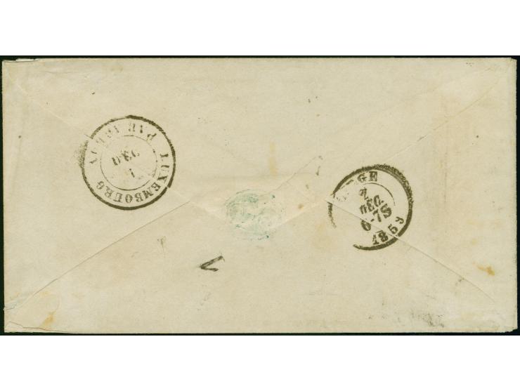 1852, William 10 c. grey-black, vertical strip of 3 with ample to mostly large margins, tied by circle of bars with adjacent 