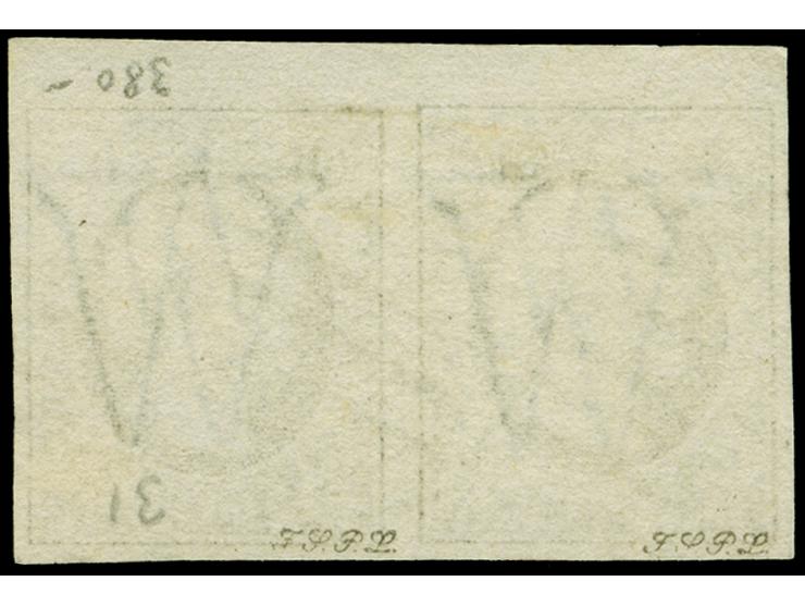 10 c. grey-black, horizontal pair, large margins with ca. 4 mm sheet margin at top, neatly cancelled by circle of bars. Very 