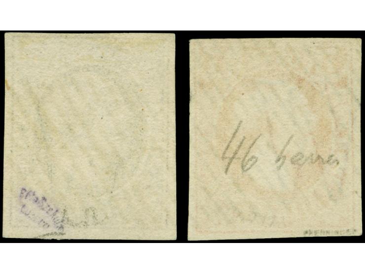 10 c. deep black and 1 sgr. carmine red, both with ample to large margins, cancelled by 'Colosse' of 46 bars, very fine. Seve