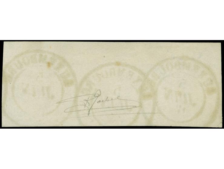 40 c. orange, horizontal strip of 3, ample to large margins, with part of neighbours stamp at left, cancelled by clear c.d.s.
