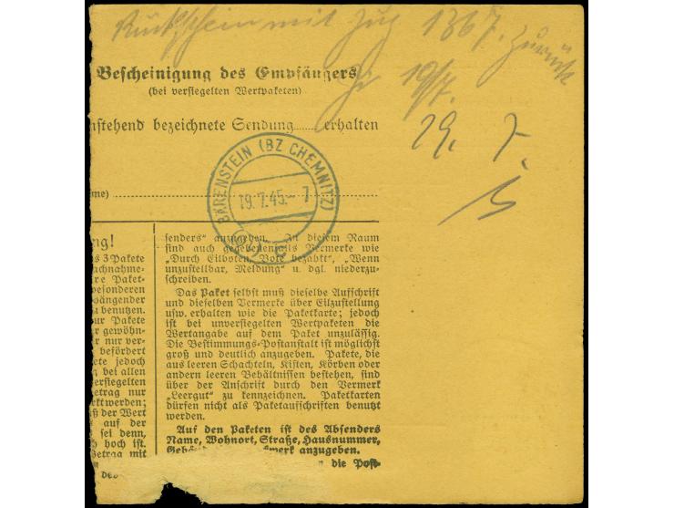 1945, Behörden-Dienstmarke 30 Pfg., senkrechtes Paar auf Paketkarte mit Rückschein von “ANNABERG 17.7.45” nach Bärenstein mit