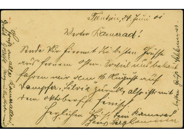 1901, “K.D.FELDPOSTSTATION No. 9 27/6”, klar auf Postkarte aus Tientsin nebst SB-Stempel 3. Eisenb.-Baukomp. nach München mit