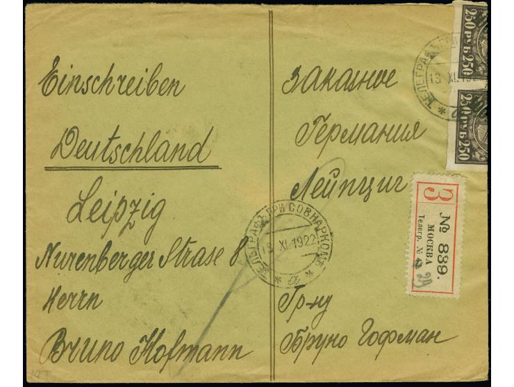1922, 100.000 rub. auf 250 rub. block of nine, corner margin, plus six stamps performing 1.500.000 rub. rate on registered co