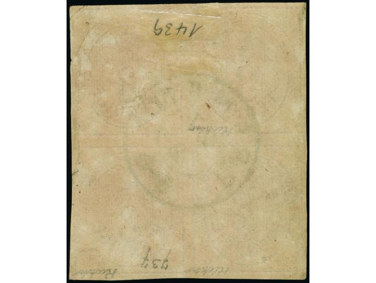 3 Pfg. rosa, dunkle Nuance, Viererblock, noch voll- bis breitrandig, entwertet durch zentrischem DKr. "BREMEN 27/2". Teils st