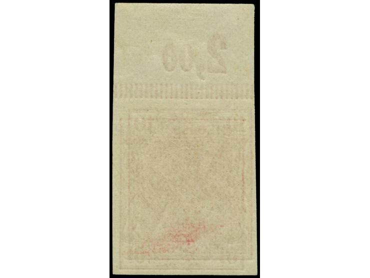 1900, Germania 10 Pfg. dunkelkarminrot, ungezähntes Oberrandstück, mit Doppeldruck, davon einer kopfstehend, postfrisch, tade