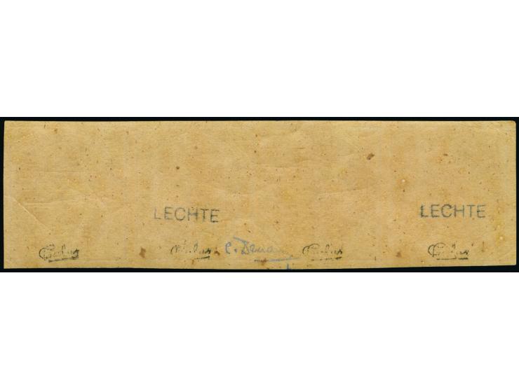 3 Pfg. dunkelrosa im waagerechten 4er-Streifen, farbfrisch und allseits breitrandig, linke Marke kleine Falzspur, sonst postf