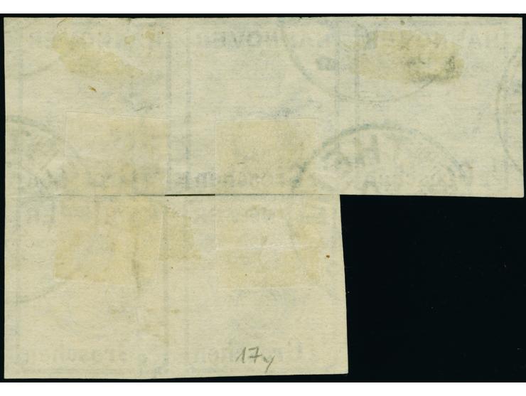 ½ Gr. schwarz, waagerechter 3er-Streifen und waagerechtes Paar, der Streifen unten berührt, sonst voll-bis breitrandig, entwe