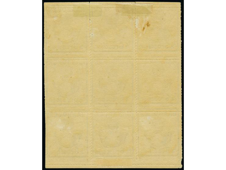 ½ Gr. schwarz im Unterrand-9er-Block, dabei die linke mittlere Marke mit Plattenfehler "gebrochenes 'o' in 'Groschen'", ungeb