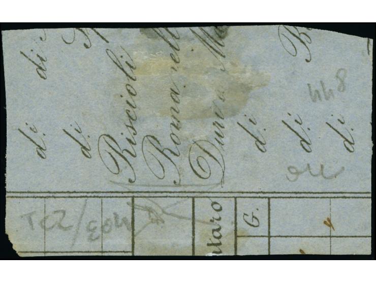 1859, 5c green, imperforate, used in combination with Kingdom of Italy 1862 10c bistre, tied to piece by fine strike of “Napo