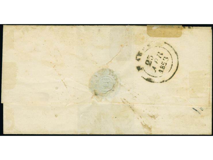 1851-2, 1 c. black on grey single and three 1 s. yellow on blue singles, usual mixed margins, tied to folded cover to Massa M