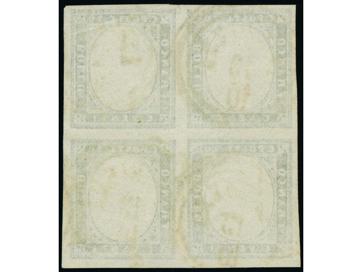 1861, 20 c. indigo, block of four, large to very large margins all around, cancelled with multiple strikes of indistinct c.d.
