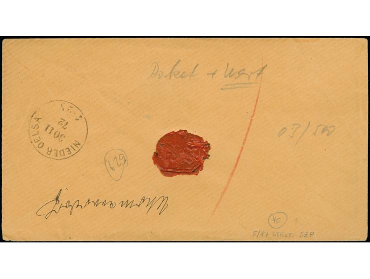 5 Groschen ockerbraun mit Rahmenstempel “STREHLEN 29.11.(72)” auf Paketbegleitbrief für ein 166 g schweres Paket mit Kennzeic