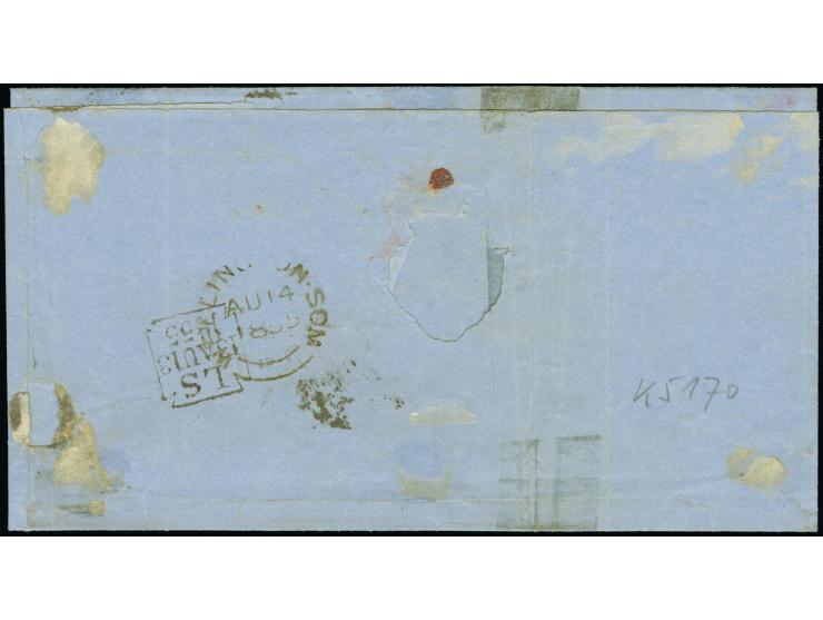 1855, 10 d. brown Embossed, large margins on three sides, touched at right, and 6 d. purple Embossed, margins touched on two 