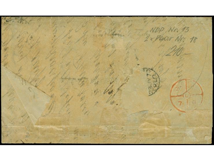 1869, ¼ Groschen lila (etwas verfärbt) und 5 Groschen ocker, waagerechtes Paar und 2 Einzelwerte, mit Einkreisstempel "HAMBUR