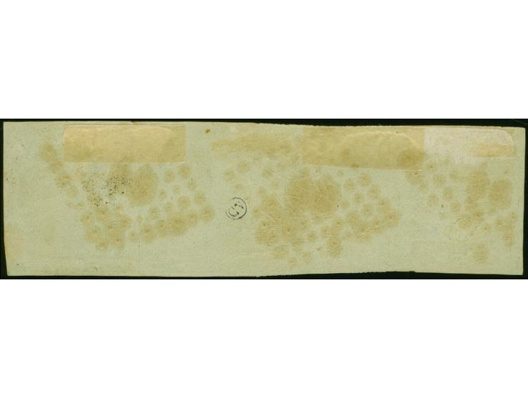 1861, 5 l. yellow green on greenish paper, horizontal strip of four, cancelled with ‘26’ dotted lozenge, margins touched in p