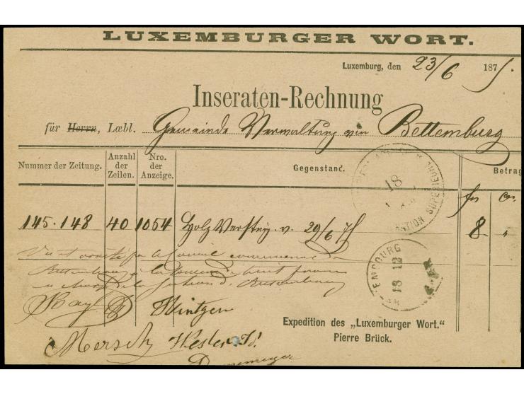 Rouletted in colour 1 c. brown in combination with 1875, perforated, 4 c. green, tied by cds. "LUXEMBURG 18 (12) 75" to priva