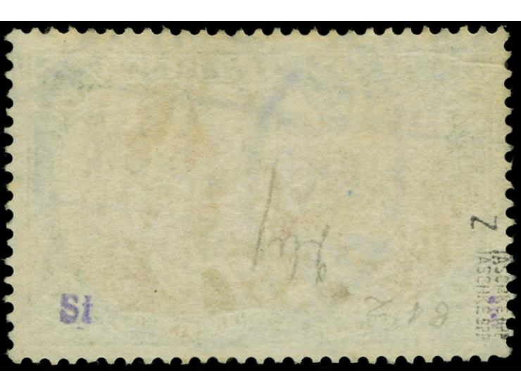 5 M. grünschwarz/dunkelkarmin, Zwischentype (Rahmen Mi.-Nr. 81, Mittelstück Mi.-Nr. 66 II), farbfrisch und bis auf einen kurz