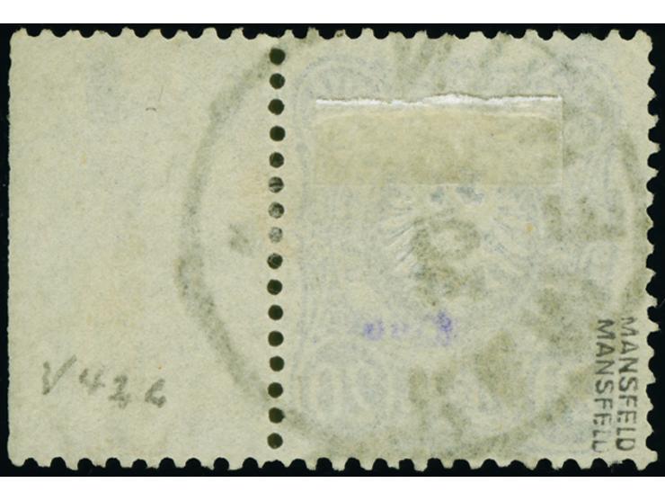 20 Pfennig dunkelultramarin mit rechtem Bogenrand, sauber mit Stempel “KAMERUN 30.5.” (ohne Jahreszahl 1889) entwertet, in ei