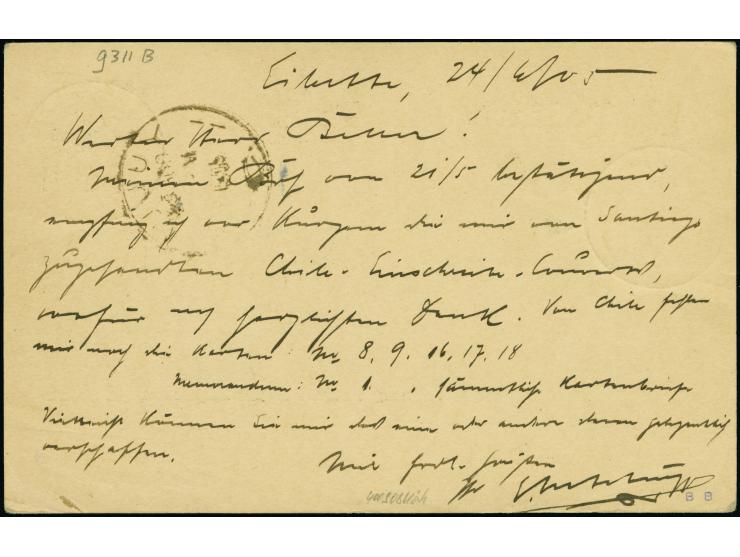 1900, Kaiseryacht 5 Pfennig als tarifgerechte Zufrankatur auf Ganzsachenkarte Kaiseryacht 5 Pfennig je mit blauem Stempel “LO