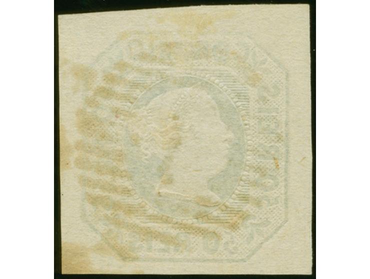 1853, 50 r. deep yellow green, large margins all around, centrally-structured “1” grid cancel of Lisbon, good colour, fresh a