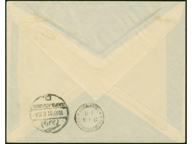 1931, Landungsfahrt nach Ägypten, ägyptische Post der Rückfahrt, Sondermarke 100 auf 27 M. mit Sonderstempel “SUEZ 9.AP.31” a