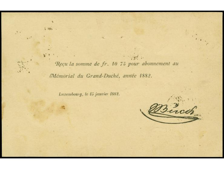 1879, postcard 5 c. grey with additional franking 1865/75, 20 c. brown, used as 'cash on delivery' card from Luxembourg 1882 