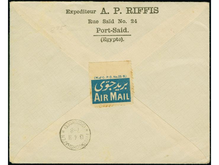 1931, Landungsfahrt nach Ägypten, ägyptische Post, Rückfahrt mit Sonderstempel “PORT SAID”, Vordruckbrief mit beiden Sonderma