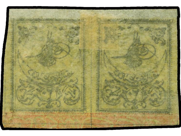 1863, 20 pa. black on yellow thin paper, used horizontal pair (Types 3-4), marginal from top of sheet, very light cancelled i