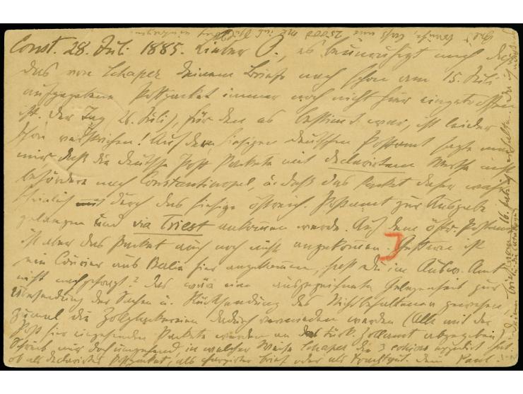 1883, Karte 10 Pfg. mit Stempel “KAISERL. DEUTSCH. P.A. CONSTANTINOPEL 28.7.85” und viel Text nach Berlin mit Ankunftsstempel