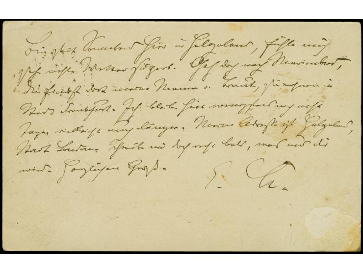 Ganzsachenkarte 10 Pfennig schwart ab “HELIGOLAND JY 18 1881” nach Dresden, dort nicht zustellbar und in die Schweiz weiterge