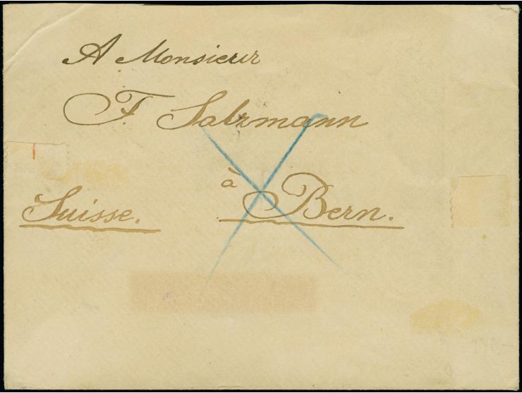 1885 (December 22), 2 sld. brown and 3sld. light green vertical pairs, perforated 9 ½, tied to reverse of cover to Bern, Swit