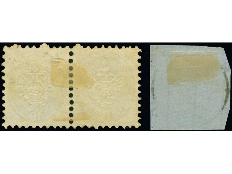 1864, 10 so. blue, horizontal pair, and 15 so. dark brown, issues of Lombardy Venetia, both struck with choice “Filipopoli” c