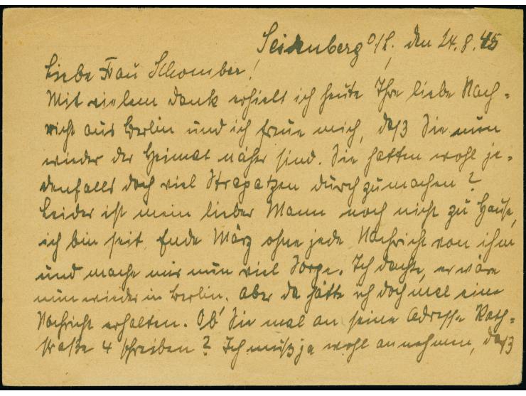 1945, Ganzsachenkarte 6 Pfg. mit violettem Notstempel “SEIDENBERG 27.AUG.1945” und interessantem Text sowie polnischem L2 “Up