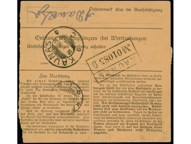 1923, 30C. auf 500M., 5 Einzelwerte sauber mit Stempel “RAMUCIAI 28.I.25” auf Paketkarte, mit deutschem R-Zettel, dieser hand