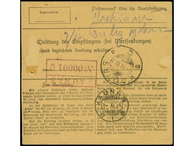 1923, 50C. auf 1000M. im waagerechten Dreierstreifen, sauber mit Stempel “PRIEKULE 31.X.24” auf Paketkarte, mit deutschem R-Z
