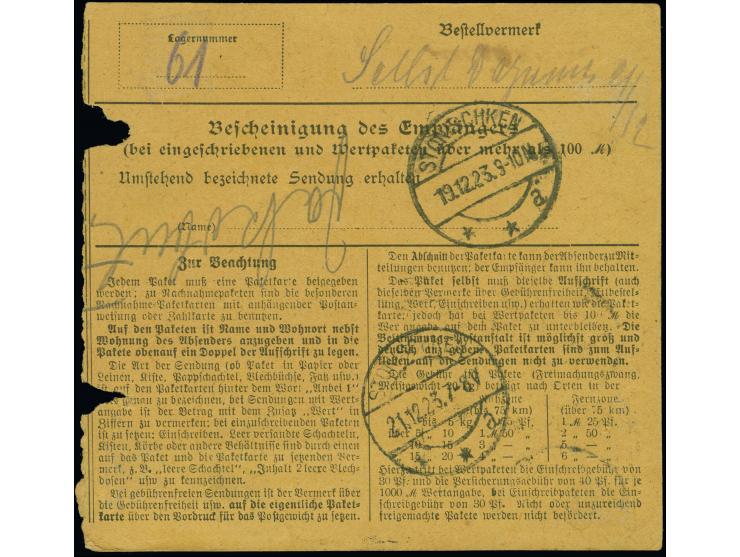 1923, 25C. auf 400M. in Mischfrankatur mit Litauen 3L., je sauber mit Stempel “KLAIPEDA 19.XII.23” auf Paketkarte nach Rucken