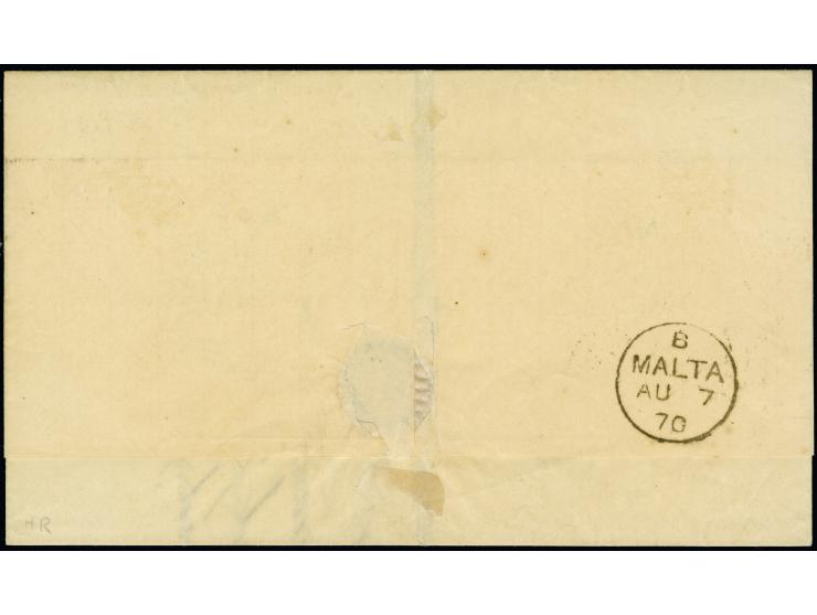 1865/73, Great Britain 4 d. vermilion, plate 11, tied by "Gibraltar / A26" duplex (AU 3) to cover to Malta, endorsed ‘per Pac