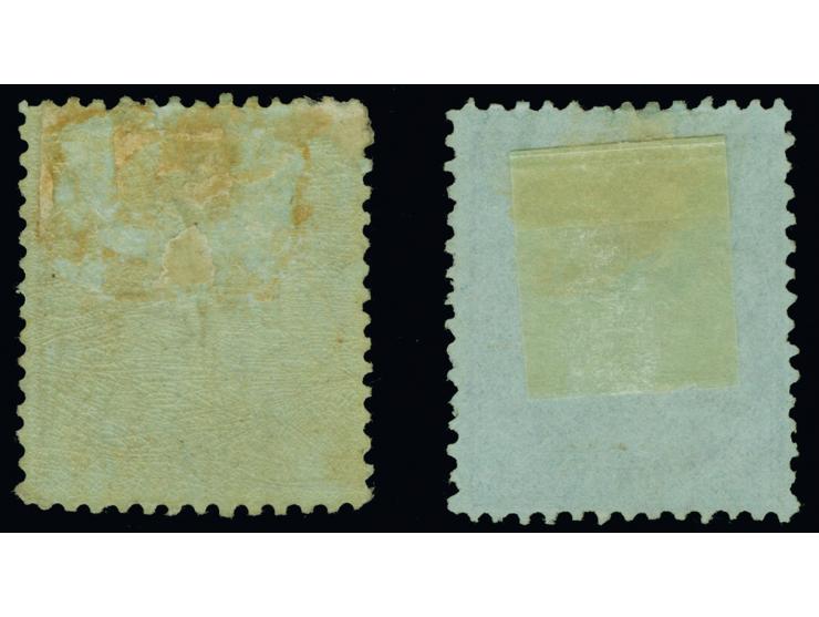 1885 (Feb.-Nov.) overprinted ´stamp duty´, 2/- ultramarine on green, glazed paper no gum and same stamp mint hinged with wate