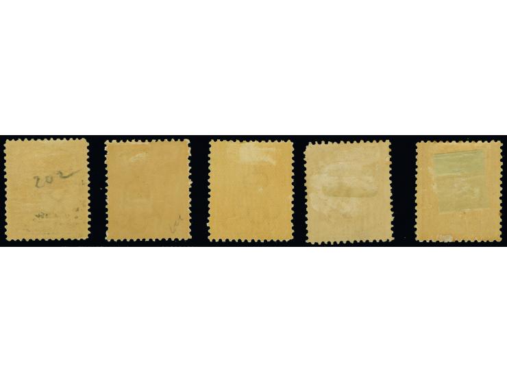 1905-13, 9 d. set of five mint stamps showing different colours, brown-red, orange-brown, red-brown, pale dull rose, rose-car
