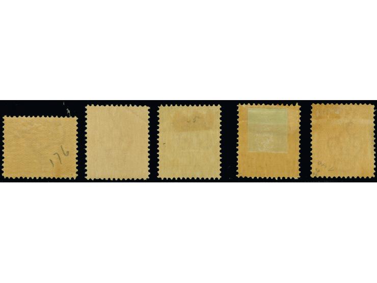 1886-1899, 4 d. red, 5 d. red-brown, 6 d. dull blue, 9 d. rosine and 1 s. brownish-red, all wmk. V over Crown, perf. 12½, min