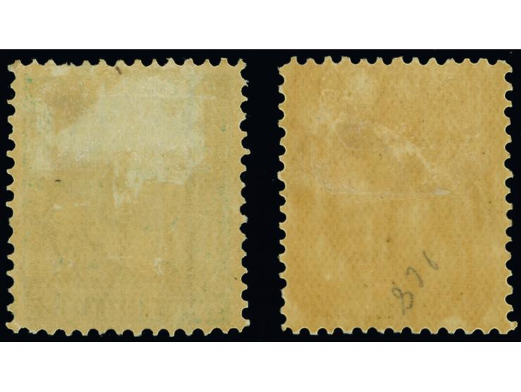 1886-1899, 1 s. 6 d. brown-orange and 2 s. blue-green, all wmk. V over Crown, perf. 12½, mint hinged large part og. Fine pair